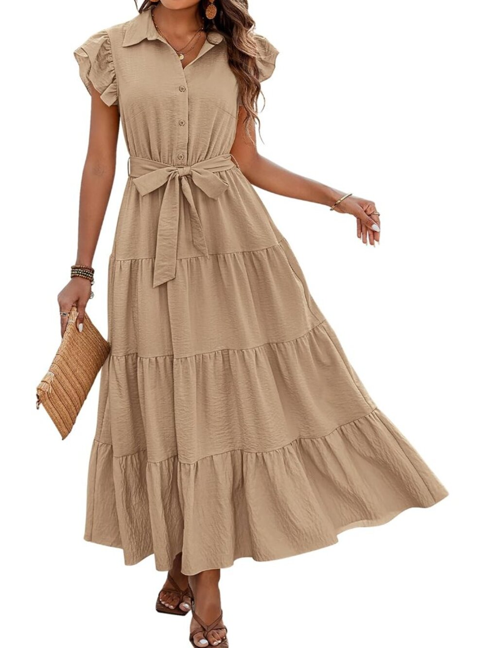 Women Ruffle Sleeve Button Belted Boho Maxi Dress